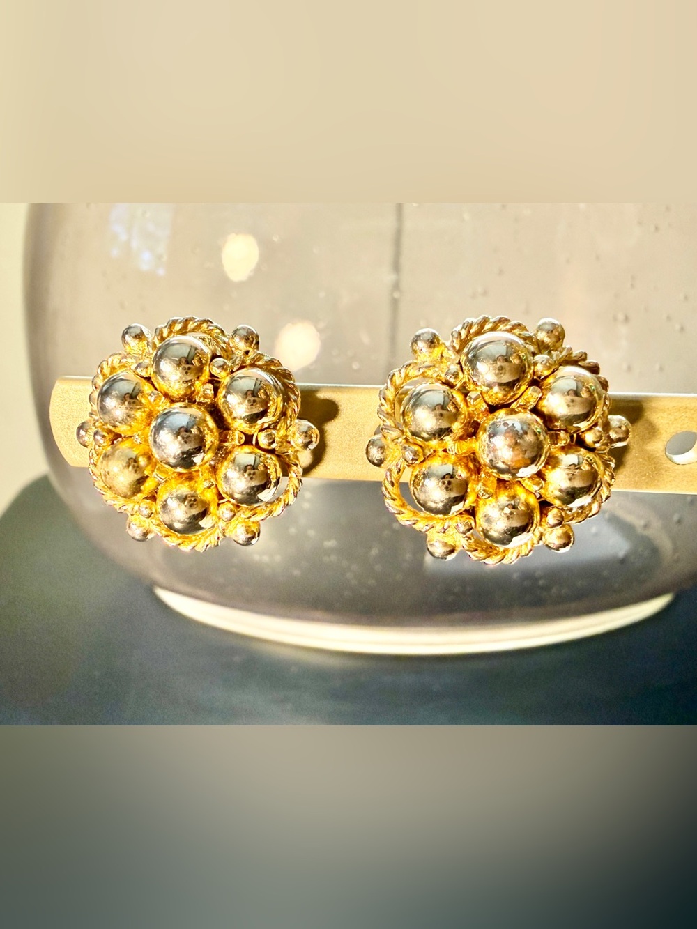Vintage Mid Century Gold Tone Beaded Cluster Clip On Earrings